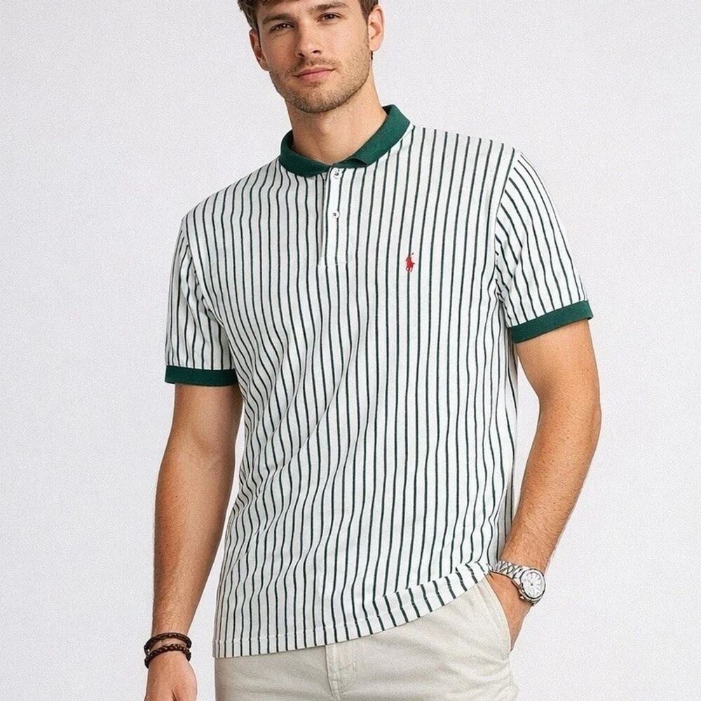 Vtg RARE Polo Ralph Lauren White Green Vertical Striped Polo Shirt Preppy M